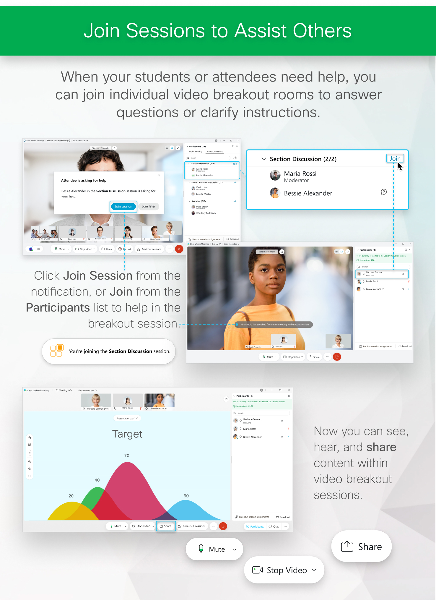 When your students or attendees need help, you can join individual video breakout rooms to answer questions or clarify instructions.