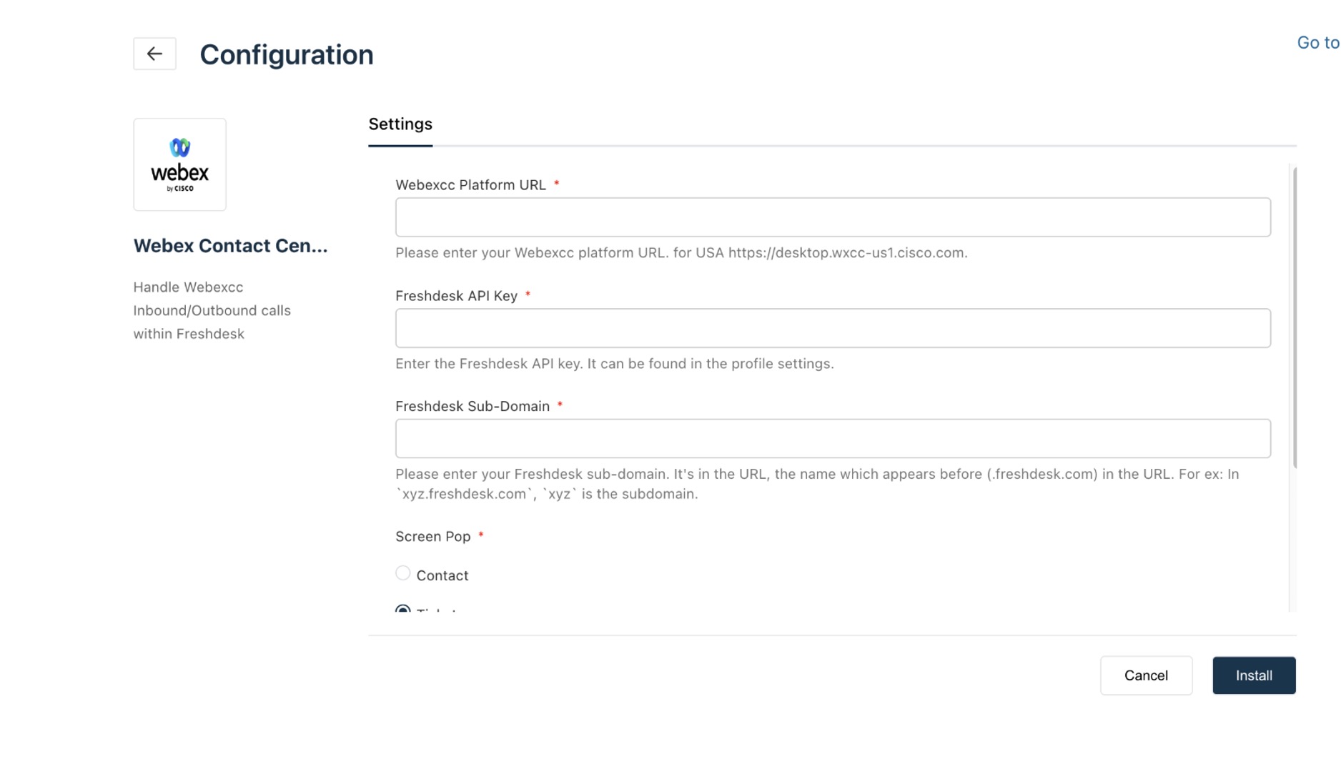 Freshdesk Configuration screen showing the settings tab for the Webexcc Platform URL, Freshdesk API Key, and Freshdesk Sub-Domain.