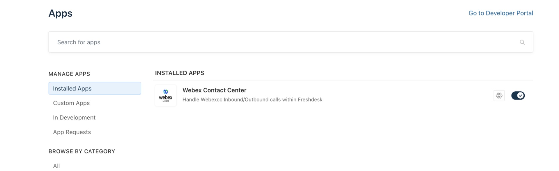 Freshdesk Apps screen showing Webex Contact Center under installed apps.