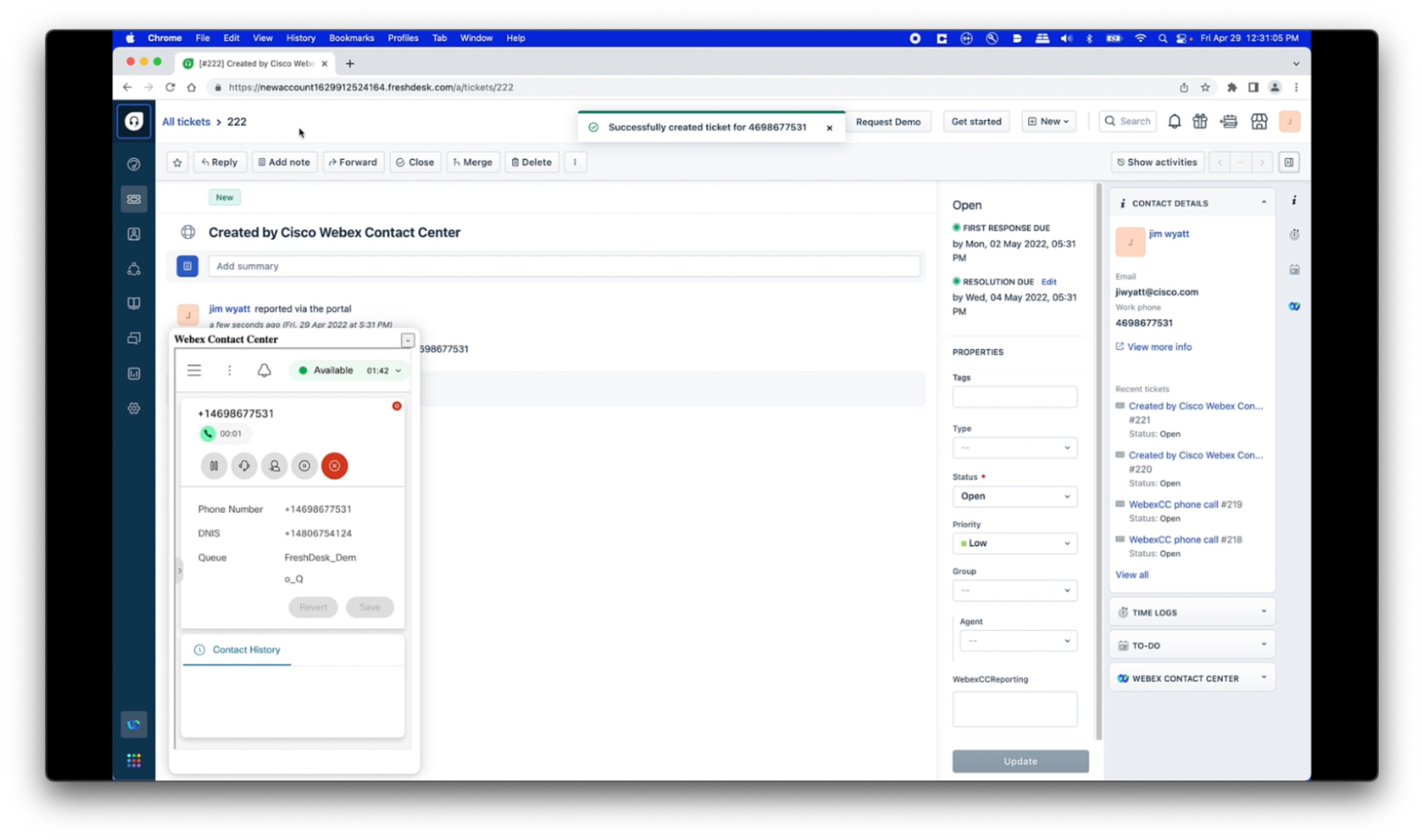 Freshdesk screen with Webex Contact Center integration showing an inbound call example while in the Available state (no customer record match).