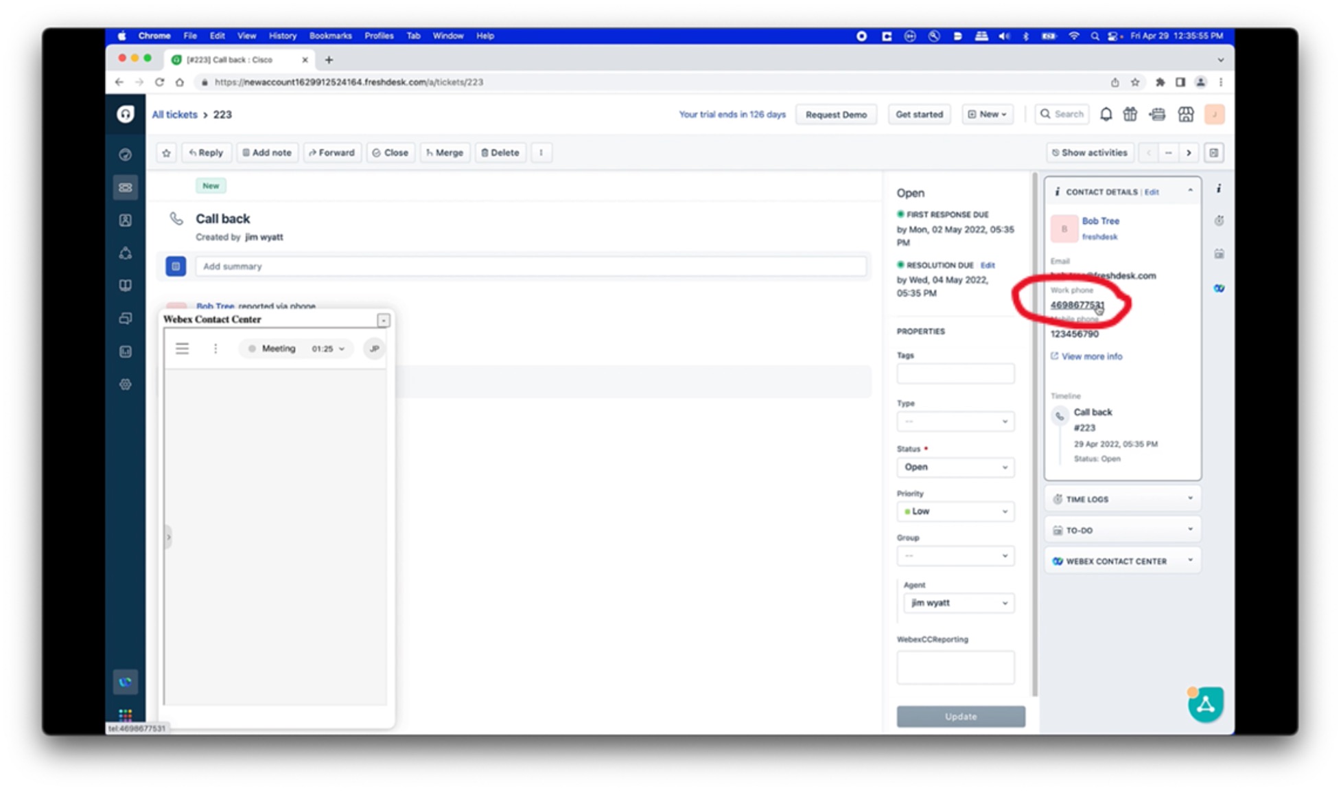 Freshdesk screen with Webex Contact Center integration showing a customer ticket and a phone number highlighted to click to dial.